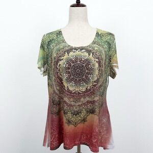 Vintage‎ Dressbarn Top Womens XL Green Geometric Abstract Bling Artsy Bohemian